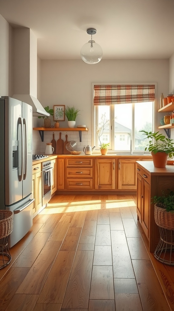 Rustic kitchen with natural finish bamboo flooring and wooden cabinets.