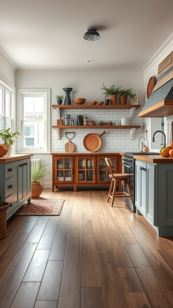 A rustic kitchen with distressed laminate flooring and wooden shelves.