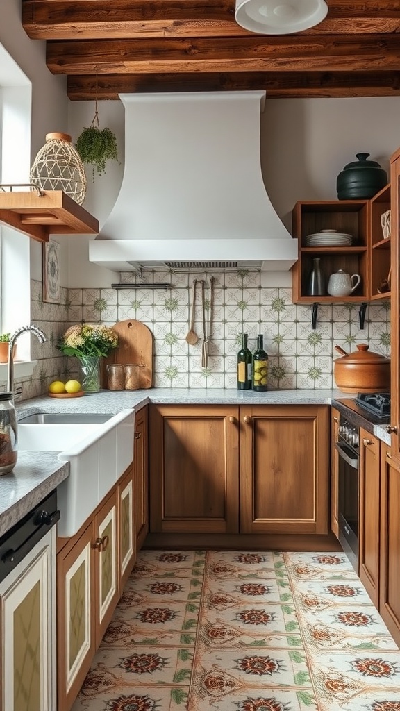 Rustic kitchen featuring cement tiles with vintage patterns on the floor.