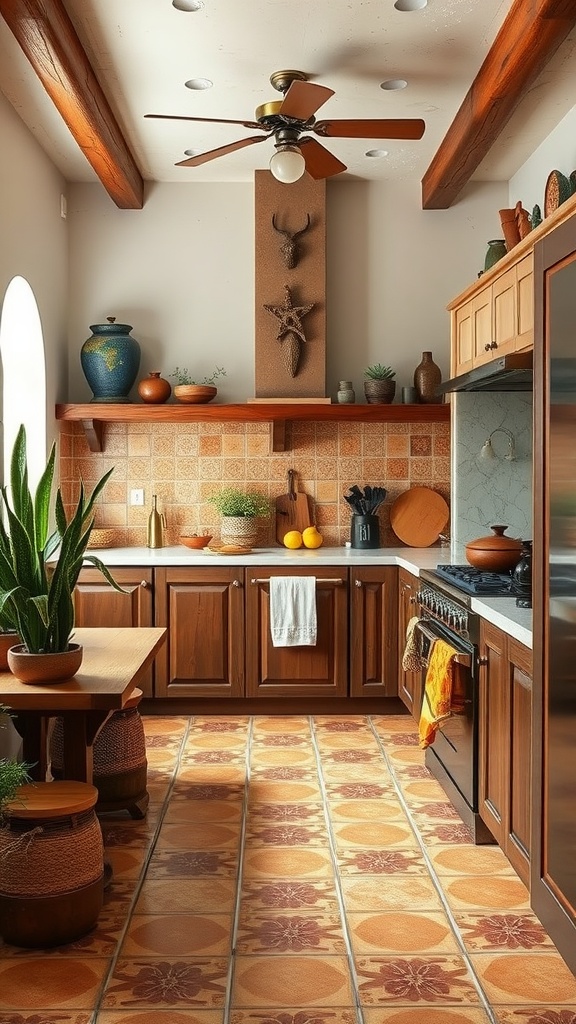 A rustic kitchen with Saltillo tiles, showcasing warm colors and a cozy atmosphere.