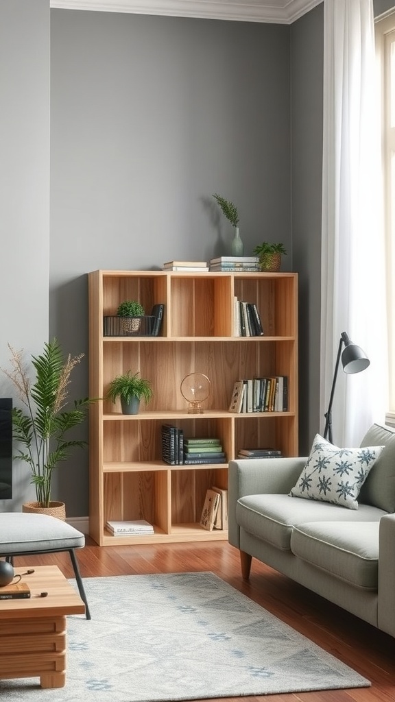 A stylish DIY bookshelf in a living room setting, showcasing books and plants.