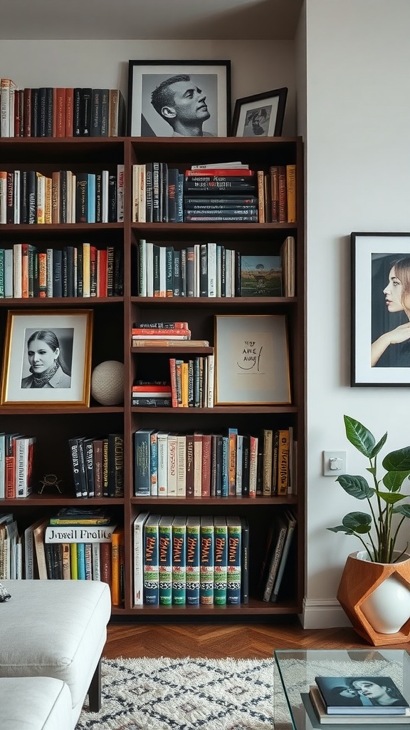 A stylish living room bookshelf with books and framed art.