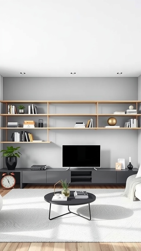 A modern living room with floating shelves displaying books and decorative items.