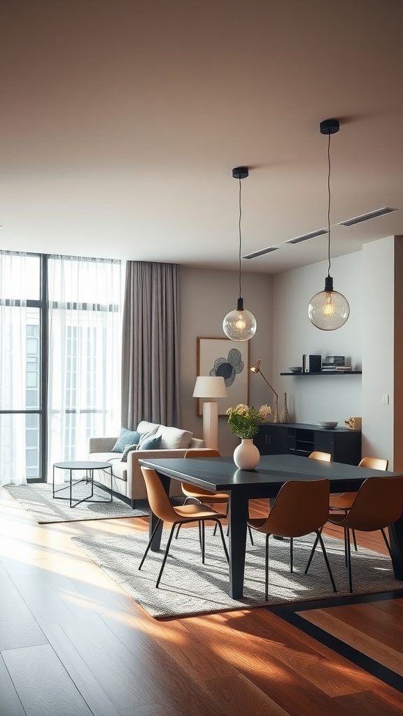 Modern living room and dining room combo with stylish pendant lighting and natural light from large windows.