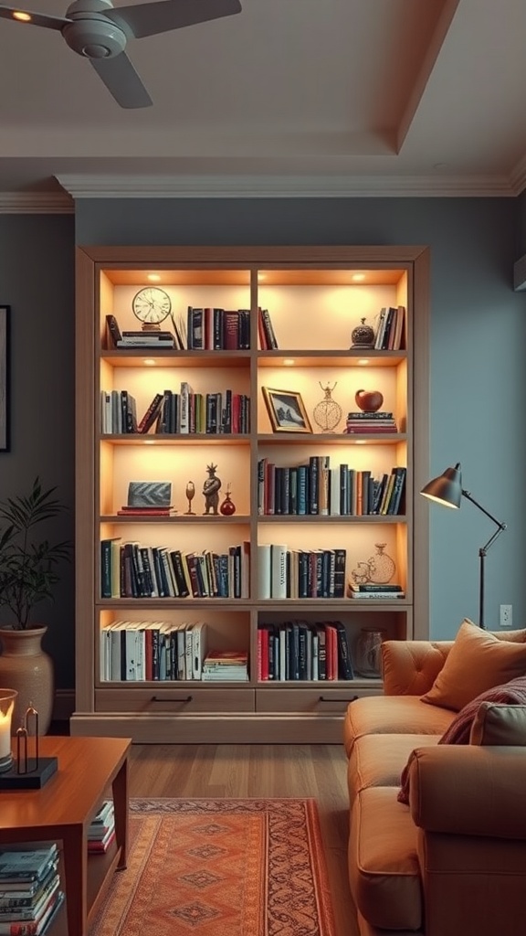 A stylish living room bookshelf with integrated lighting, showcasing books and decorative items.