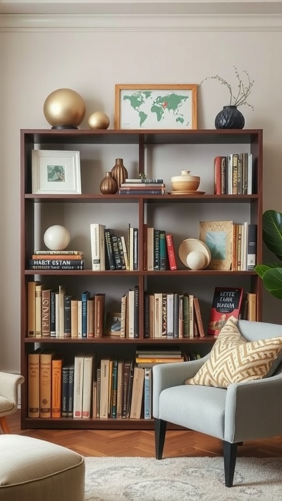 A stylish living room bookshelf with books, decorative objects, and a comfortable chair.