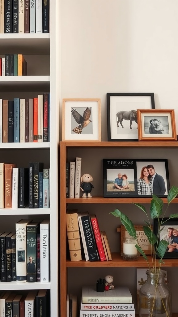 A cozy living room bookshelf displaying books and framed photos.