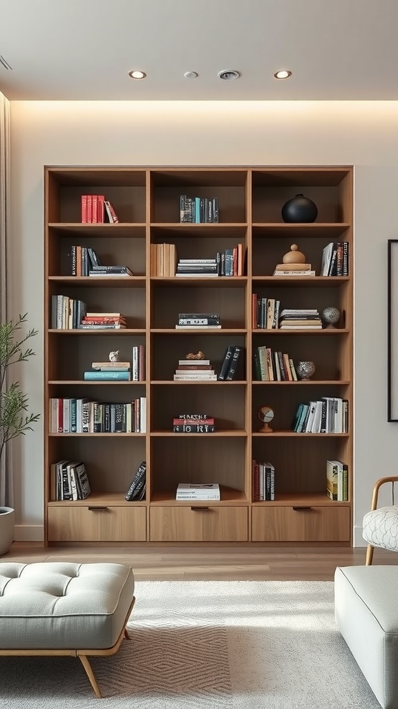 A modern bookshelf with various books and decorative items, featuring hidden storage drawers.