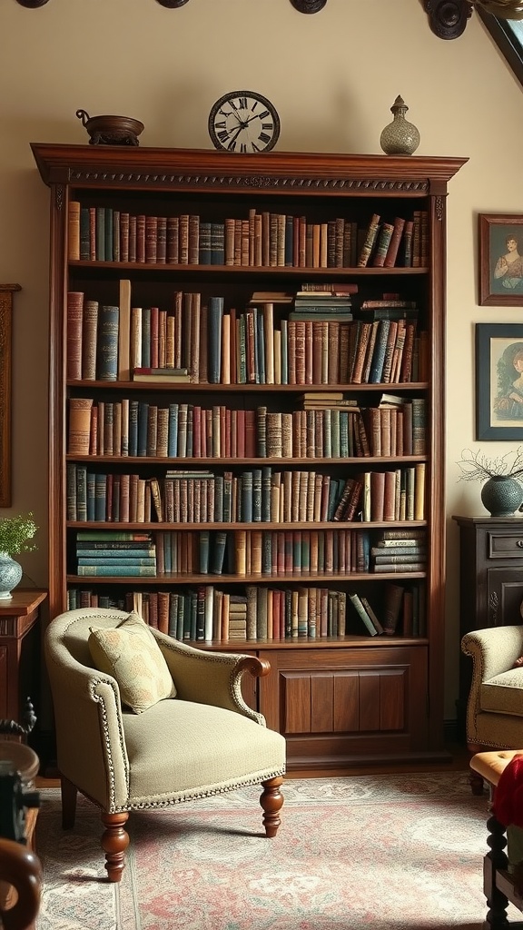 A vintage bookshelf filled with books, accompanied by a cozy chair and decorative items.