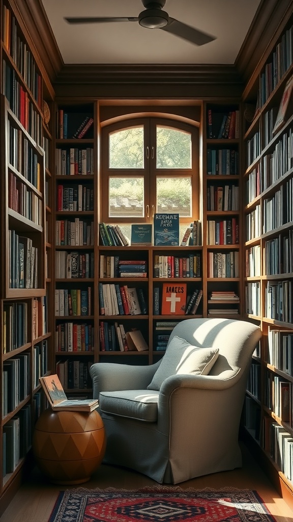 A cozy reading nook with a comfortable chair and bookshelves filled with books.