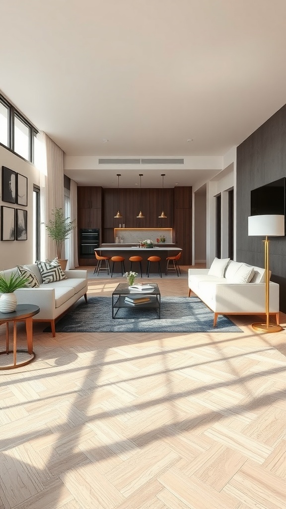A modern living room and dining room combo featuring a stylish area rug.