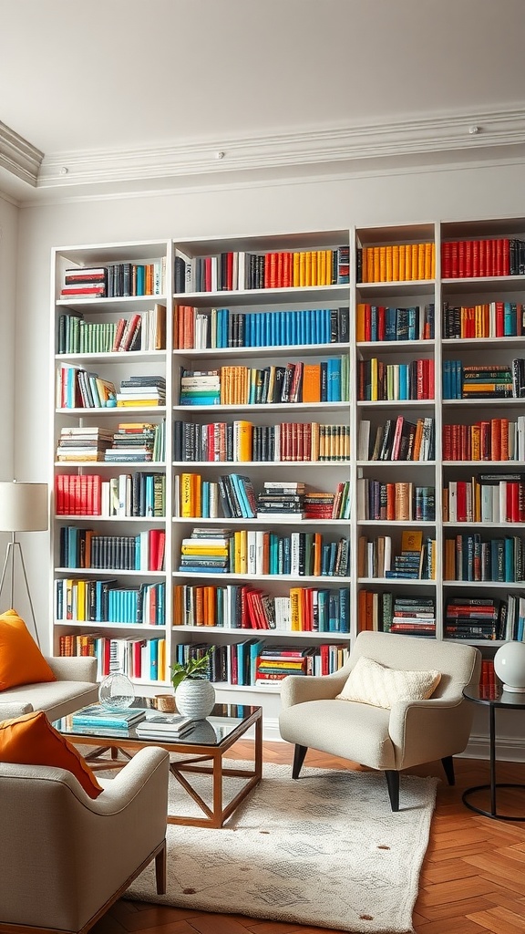 A vibrant living room with color-coded bookshelves filled with books in various colors.