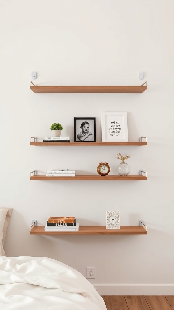 A set of stylish floating shelves with books, a clock, and decorative items in a bedroom setting.