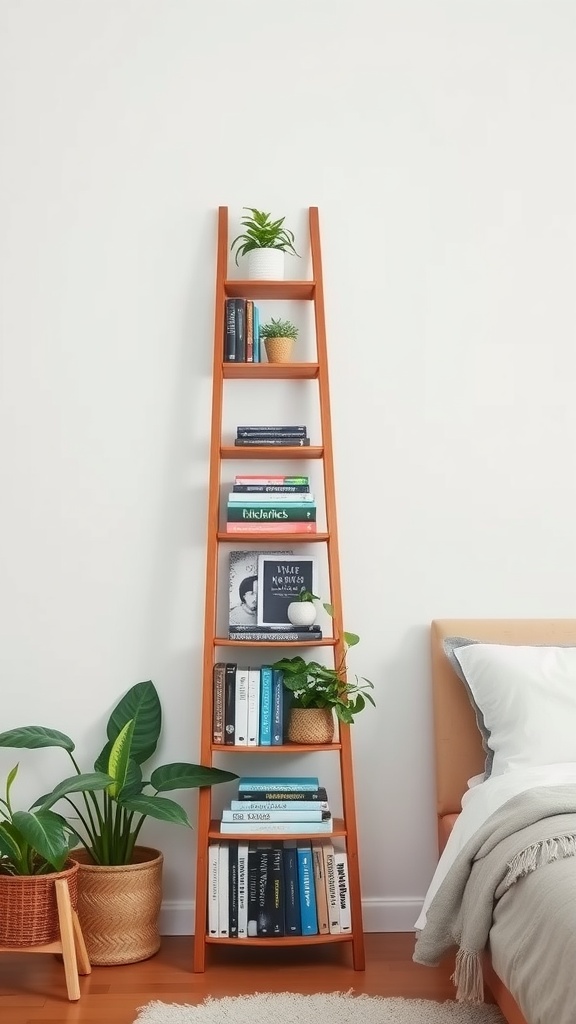 A wooden ladder shelf filled with books and small plants, placed beside a bed.