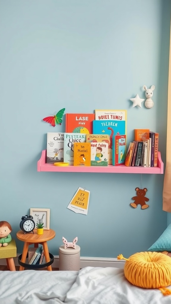 A vibrant pink floating book ledge displaying various children's books on a light blue wall.