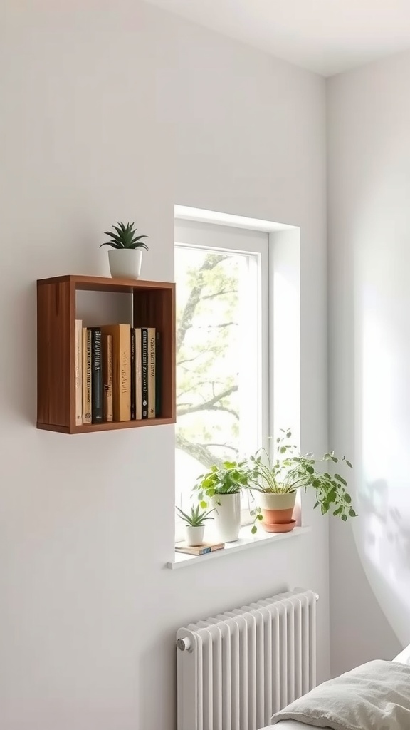 A small wall bookshelf displayed above a window with plants and books.