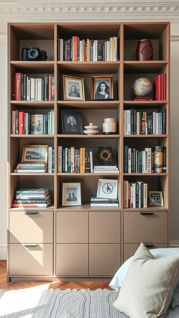 A stylish modular bookshelf with books, decor, and storage drawers in a bedroom setting.