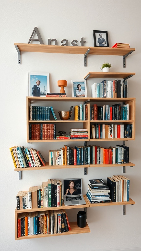 A modern adjustable wall-mounted bookshelf with books and decorative items.
