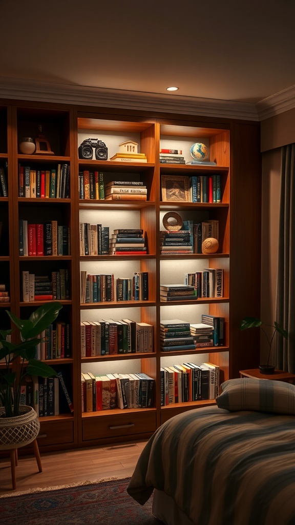 Wooden bookshelf with illuminated shelves displaying books and decorative items in a bedroom setting.