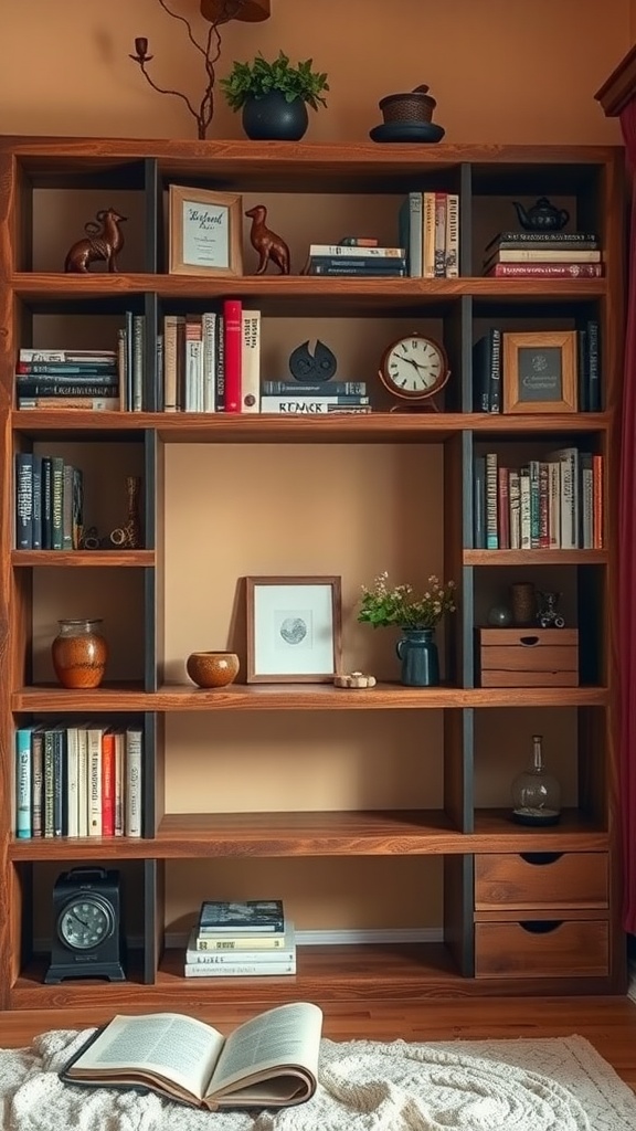 A rustic wood bookshelf filled with books, decorative items, and plants in a cozy bedroom setting.