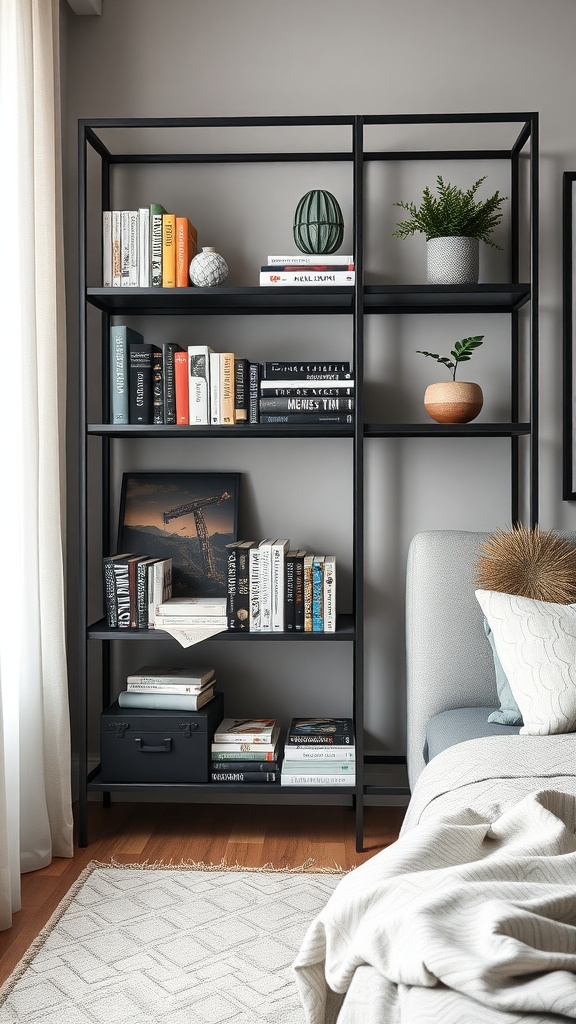 A modern metal frame bookshelf filled with books and decorative items in a cozy bedroom setting.