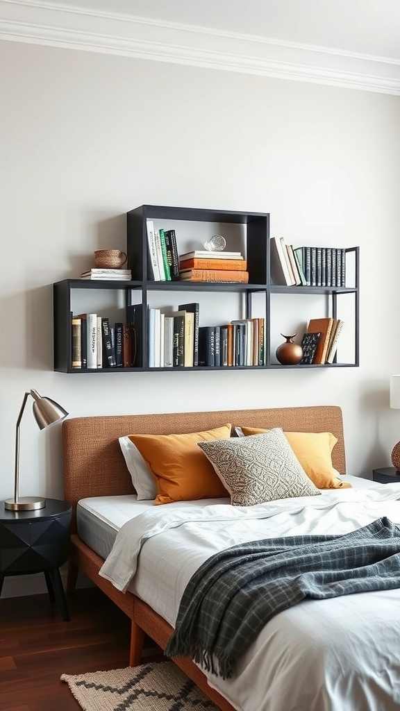 A modern bedroom featuring geometric wall shelving above the bed, displaying books and decorative items.