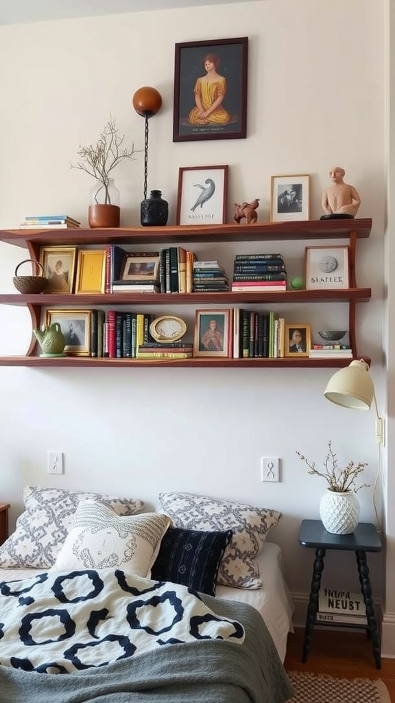 A cozy bedroom featuring a stylish artisan-crafted wall bookshelf with various decorative items and books.