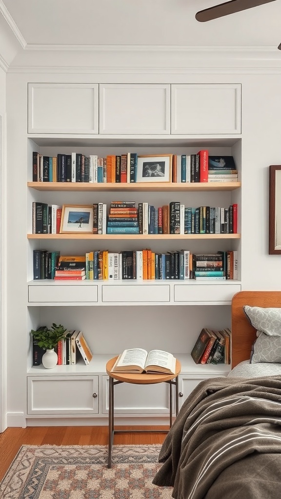 A modern bedroom featuring a built-in bookshelf filled with colorful books and decorative items.