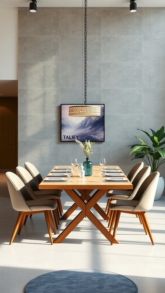 A modern dining room with a wooden table and elegant chairs, beautifully arranged for a meal.