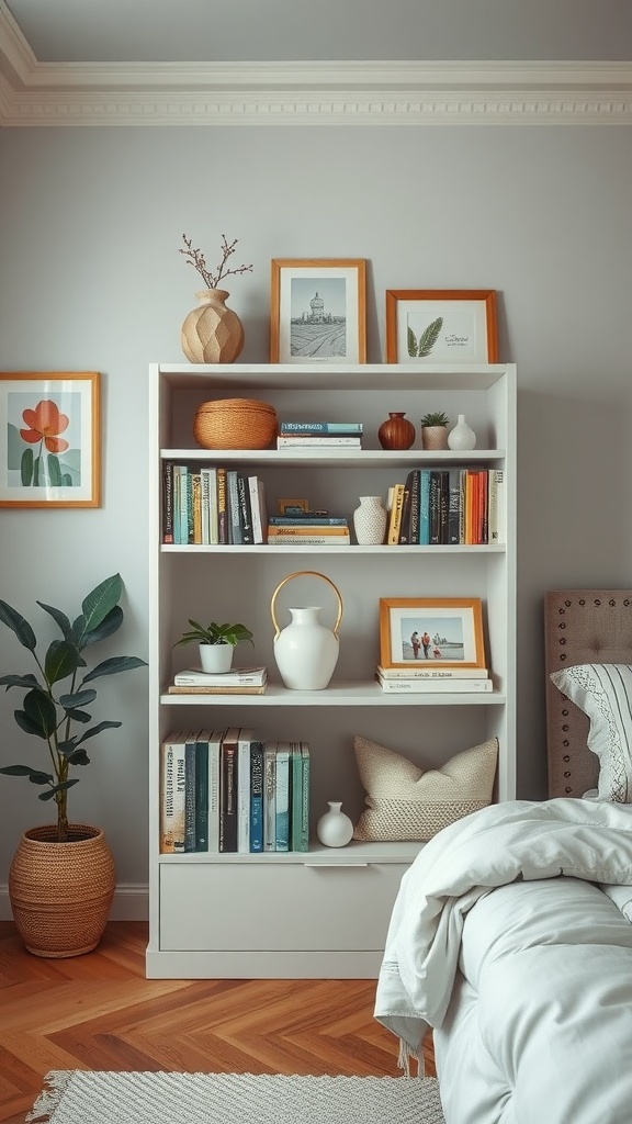 A small wall bookshelf styled with decorative items and books, featuring a cozy bedroom atmosphere.