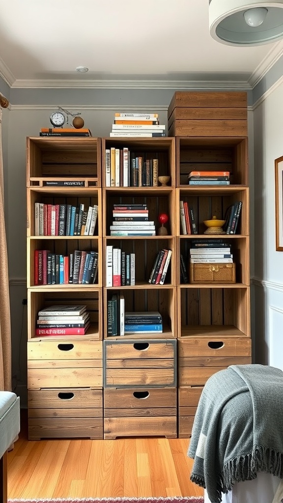 A wooden bookshelf made of repurposed crates, filled with books and decorative items.