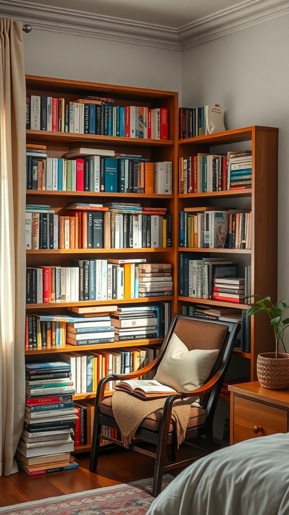 A cozy corner bookshelf filled with books, accompanied by a comfortable chair.