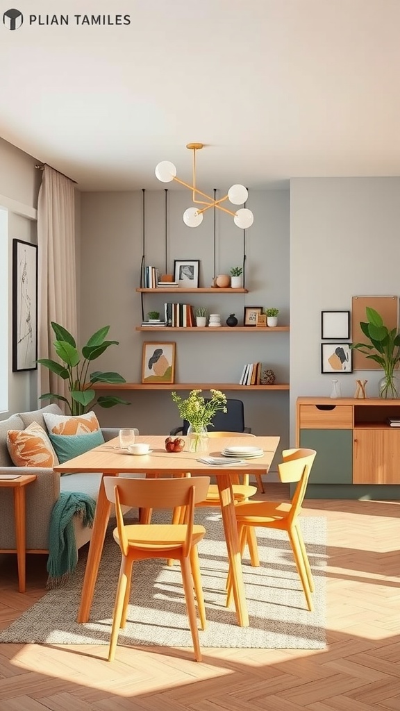 A modern living room dining room combo featuring a cozy sofa, dining table, and colorful decor.