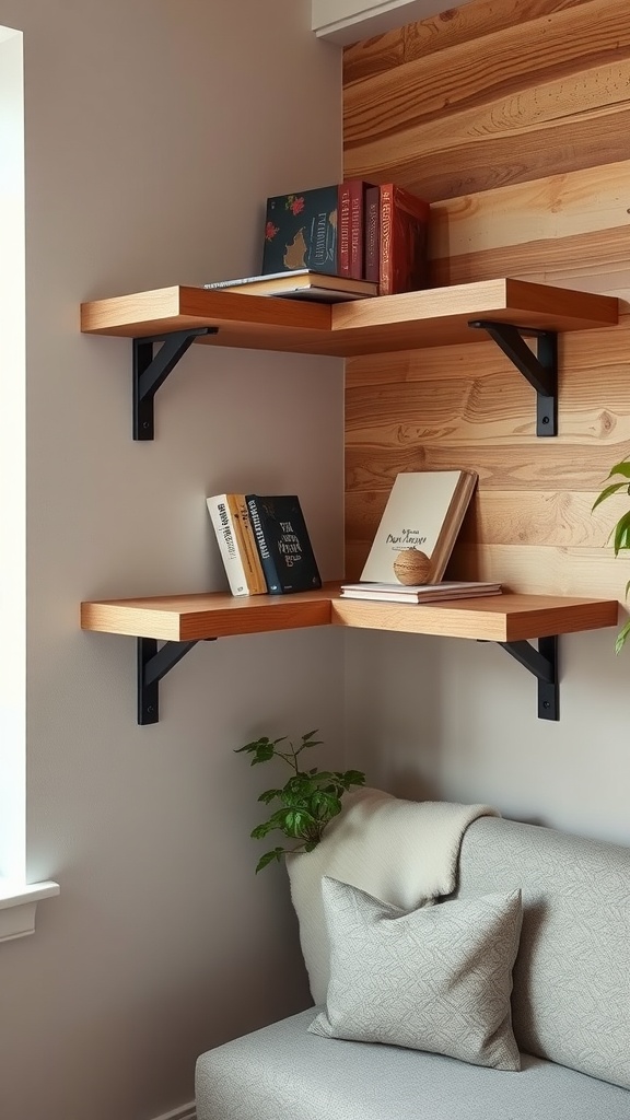 Floating bookshelves supported by L-brackets, featuring a cozy seating area with a plant and decorative pillows.