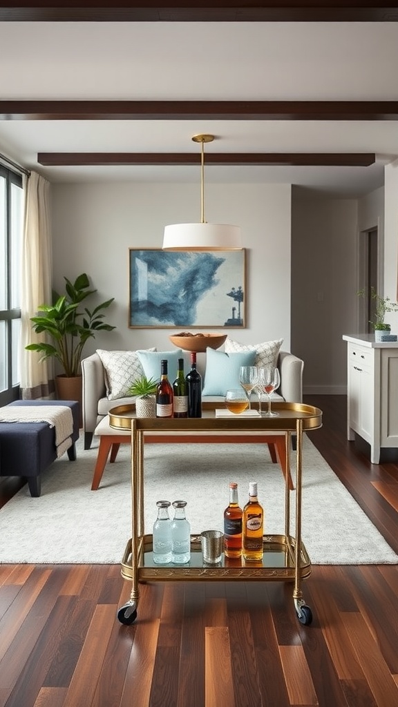 Modern living room dining room combo featuring a stylish bar cart