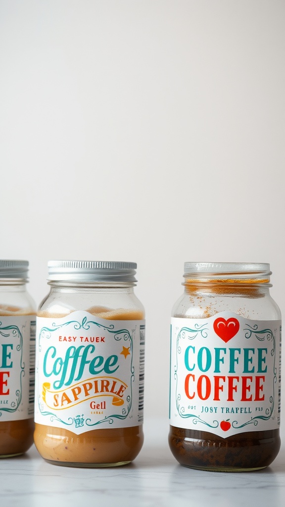Three jars with coffee-themed labels, showcasing different coffee blends.