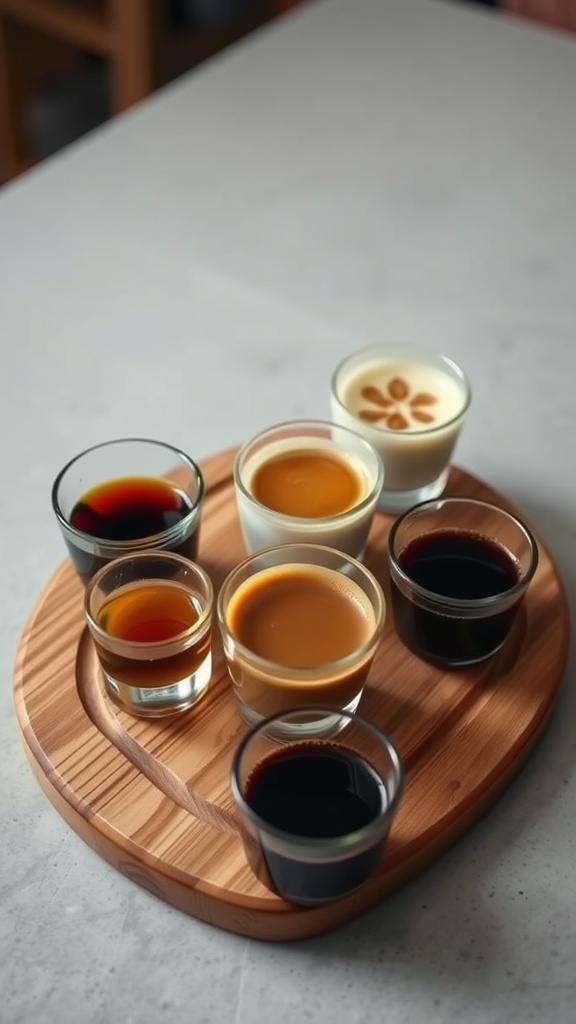 A wooden platter with several small cups of different types of coffee.