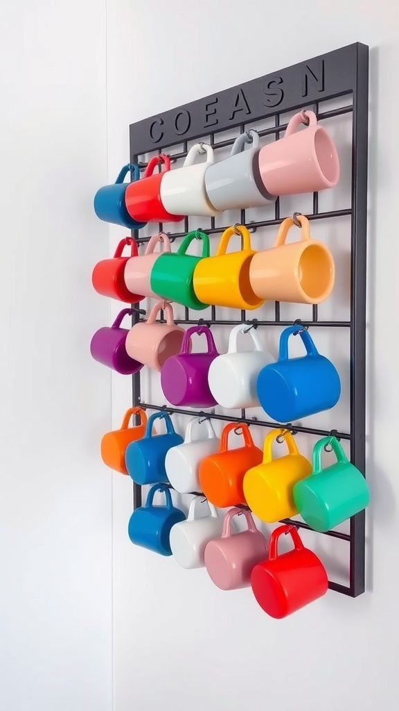 Display of colorful coffee mugs on a rack