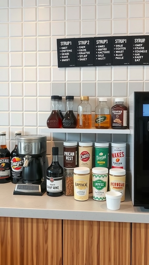 A lively coffee station with baristas demonstrating coffee art techniques in front of a crowd.