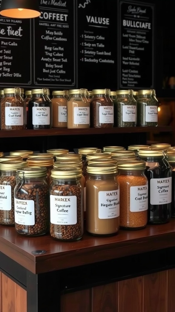 A coffee station featuring jars of different coffee blends and flavors on a wooden table.