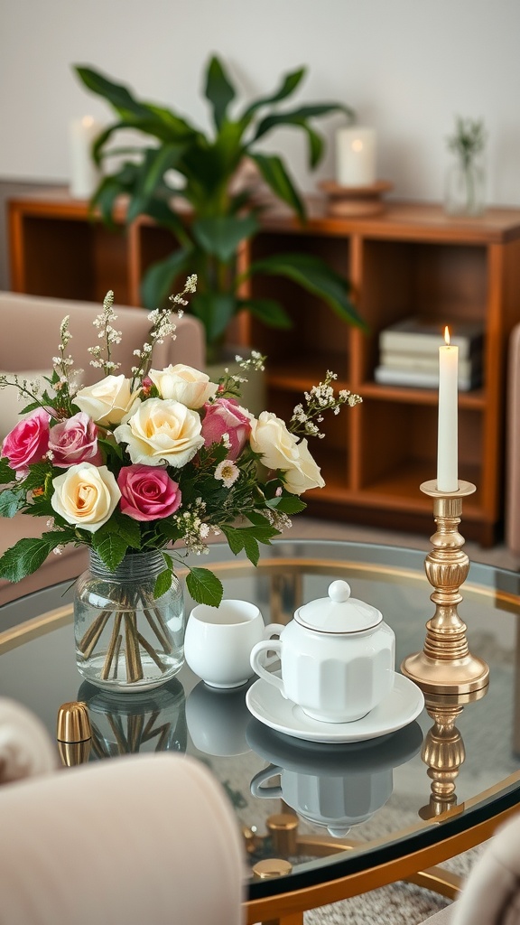 A beautifully arranged coffee station with flowers, candles, and elegant serving dishes.