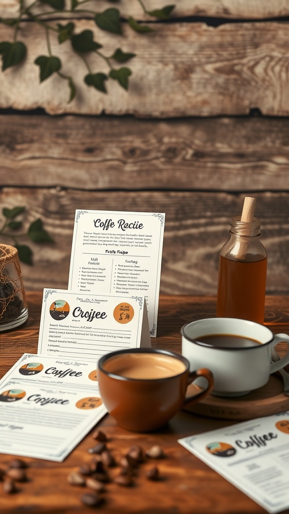A cozy coffee station featuring recipe cards, two cups of coffee, and coffee beans on a wooden table.