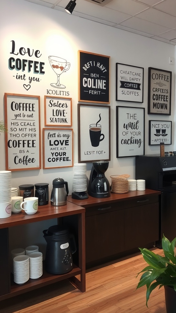 A coffee station featuring various coffee-themed wall art and decorations.