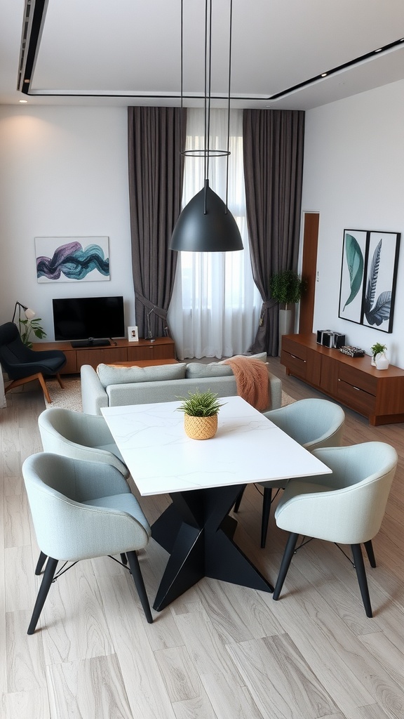 A modern living room dining room combo featuring a stylish dining table with four chairs and a cozy sofa.