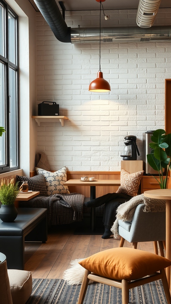 A cozy coffee station with comfortable seating, warm lighting, and decorative pillows.