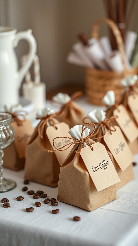 A charming coffee station with favor bags, coffee beans, and a decorative setup.