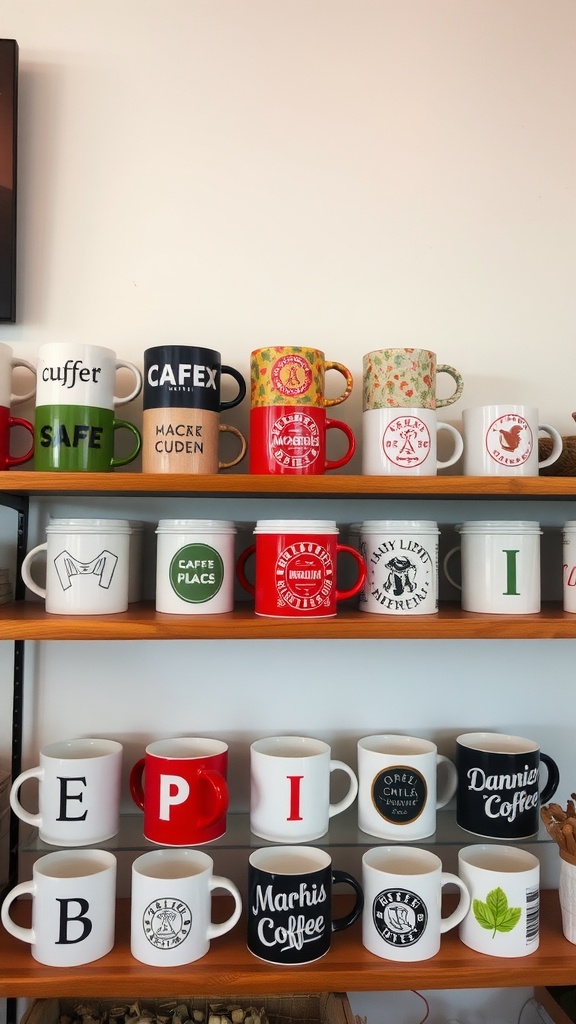 A variety of coffee mugs displayed on shelves, featuring different designs and colors.