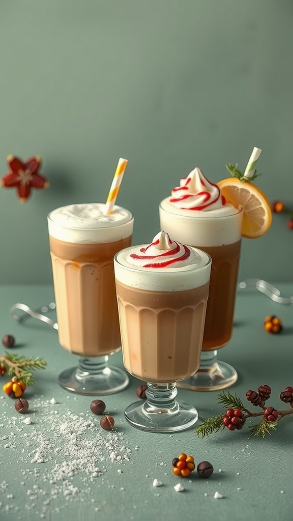 Three seasonal coffee drinks with festive decorations.