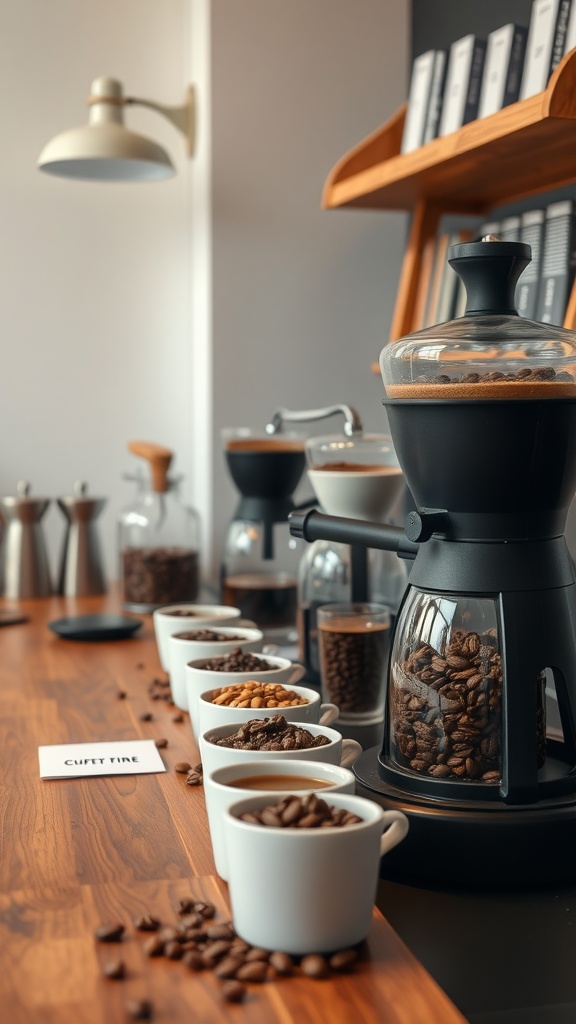 A coffee station featuring various types of coffee beans and tasting cups.