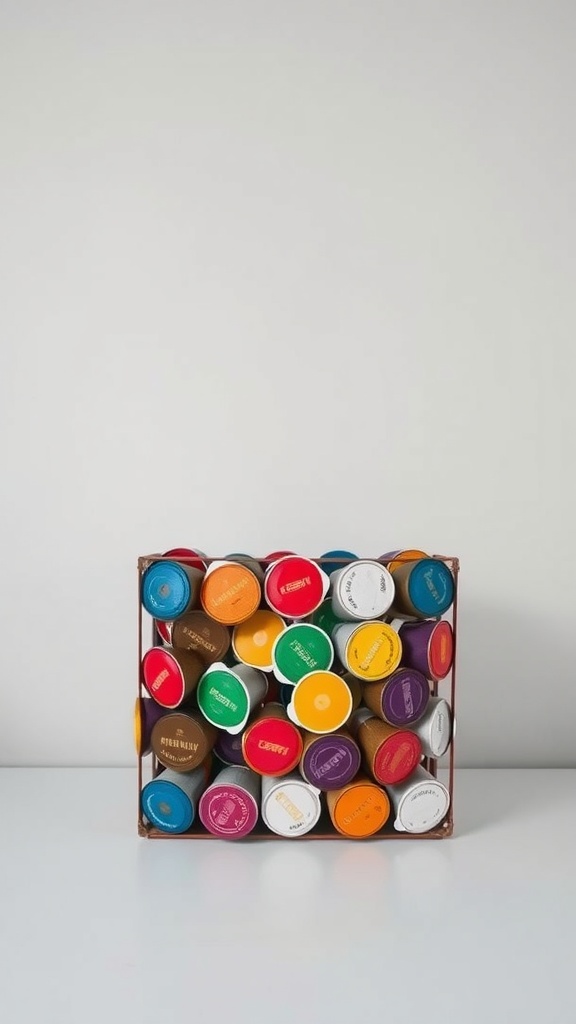 Colorful coffee pods organized in a box